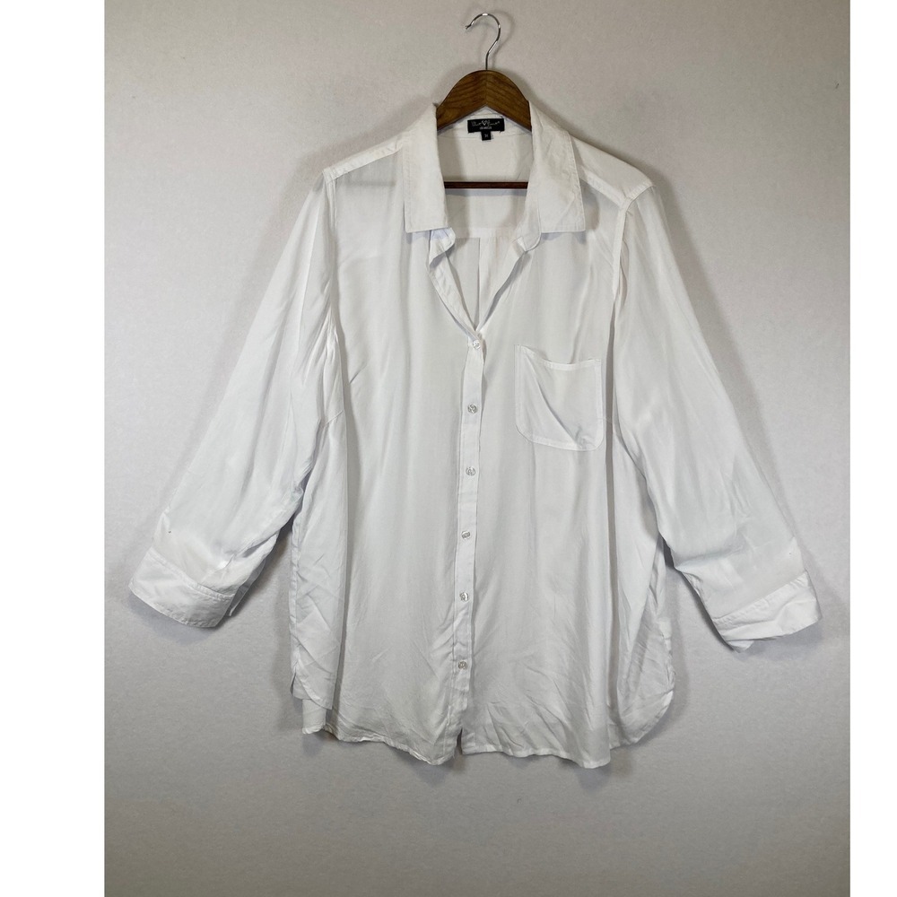 Coastal Quiet Luxury Velvet Heart‎ Women 3X White Rayon Roll-Tab Slv Button Down